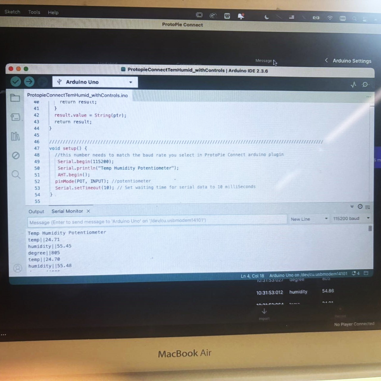 Debugged the code linking Arduino to ProtoPie.