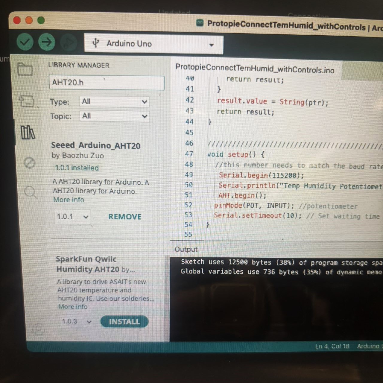 Provided Arduino with the program to read temperature and humidity data from the AHT20 sensor and send it to the computer (or other interfaces like ProtoPie) for visualization or control.