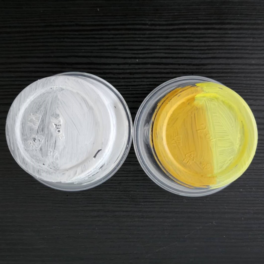 Material testing – applying acrylic paint to transparent PE material to determine suitability for later painting the moon model's surface.