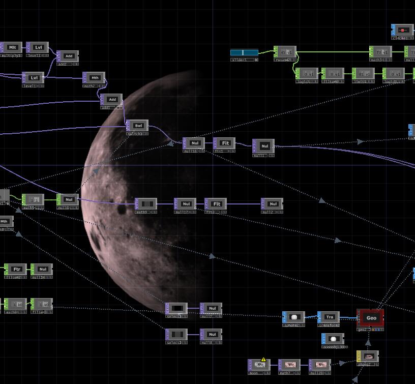 Finally, the moon can be seen rotating within the TD system. Adjusting the slider controls the lighting and shadows, simulating the principles of real-world lunar phases.